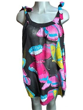 CZ Beach Cover-Up Butterfly Print Tie-Shoulder Sundress Hot Pink & Turquoise Lrg